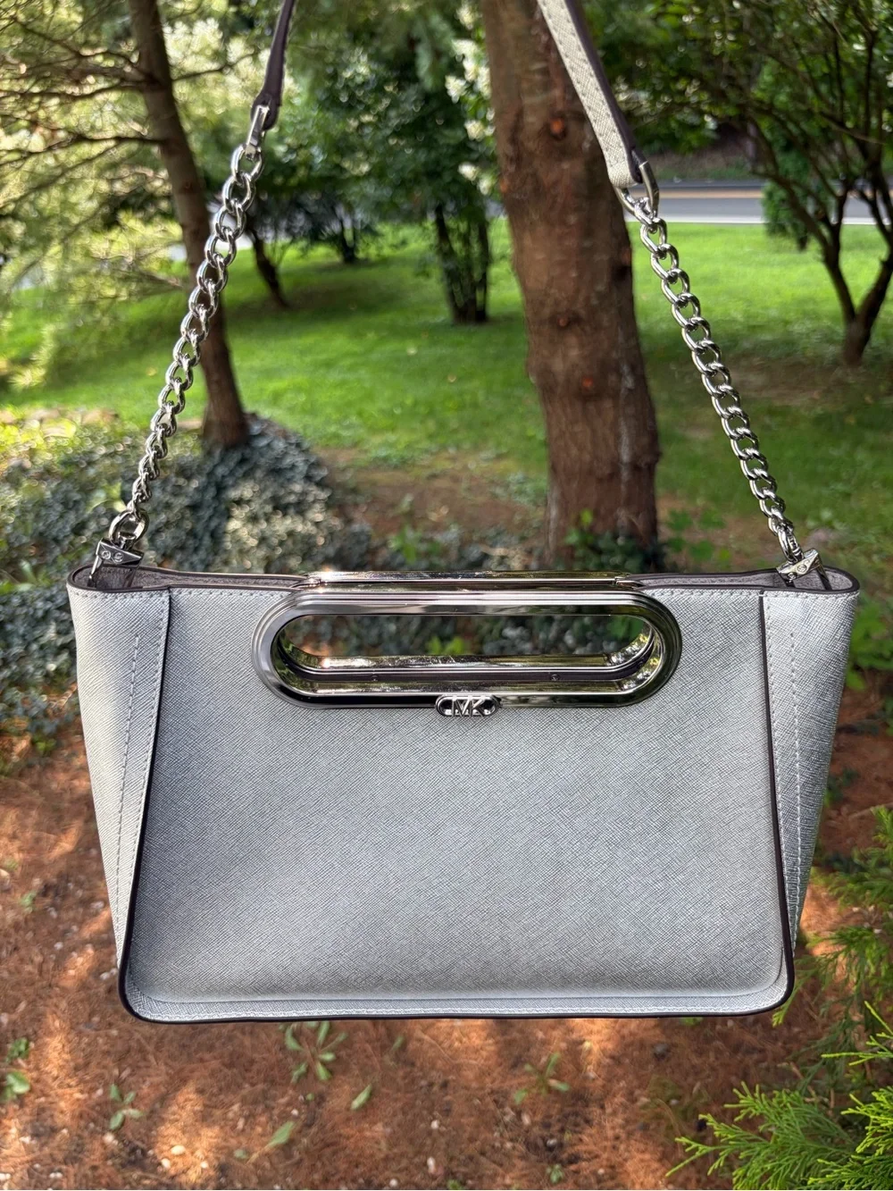 Michael Kors Silver Metallic Leather Cutout-Handle Crossbody Clutch